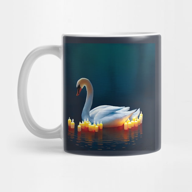 Beautiful Swan surrounded by candles on a  Lake. Romantic Image by Geminiartstudio